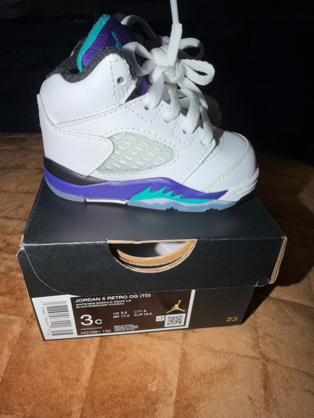 Jordan 5 Retro OG Toddlers “GRAPE” White Purple Turquoise Sneakers (Size 3)